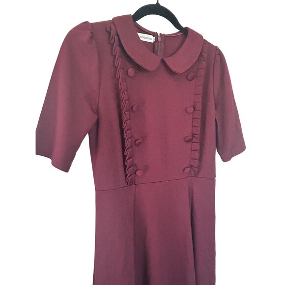 Vintage-Inspired Burgundy Dress With Peter Pan Collar & Button Details sz Large - Picture 2 of 10